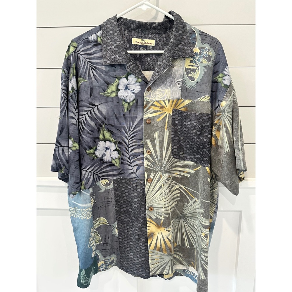 Tommy‎ Bahama Mens Large Silk Camp Shirt Tropical Patchwork Palm Hibiscus Grey